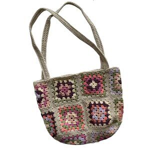 Handmade Granny Square Crocheted Purse Market Bag Grey Purple Pink Green